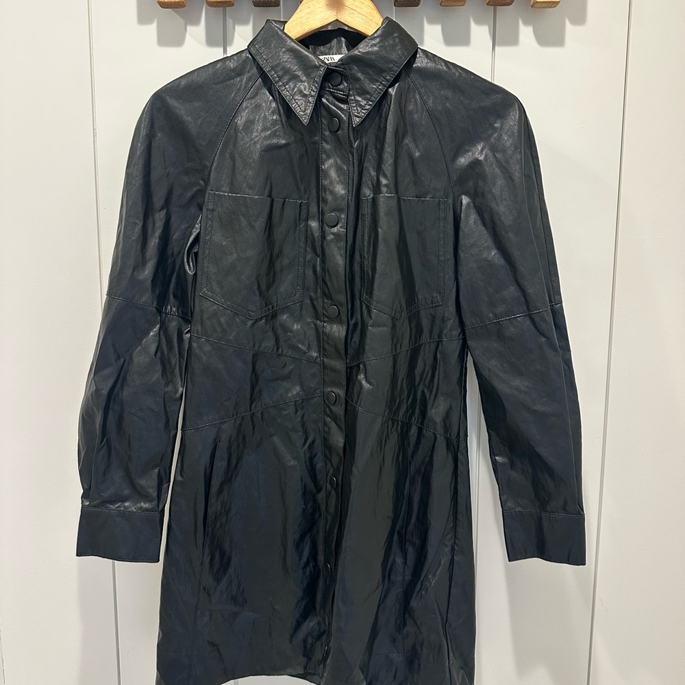 Zara Black Faux Leather Long Coat